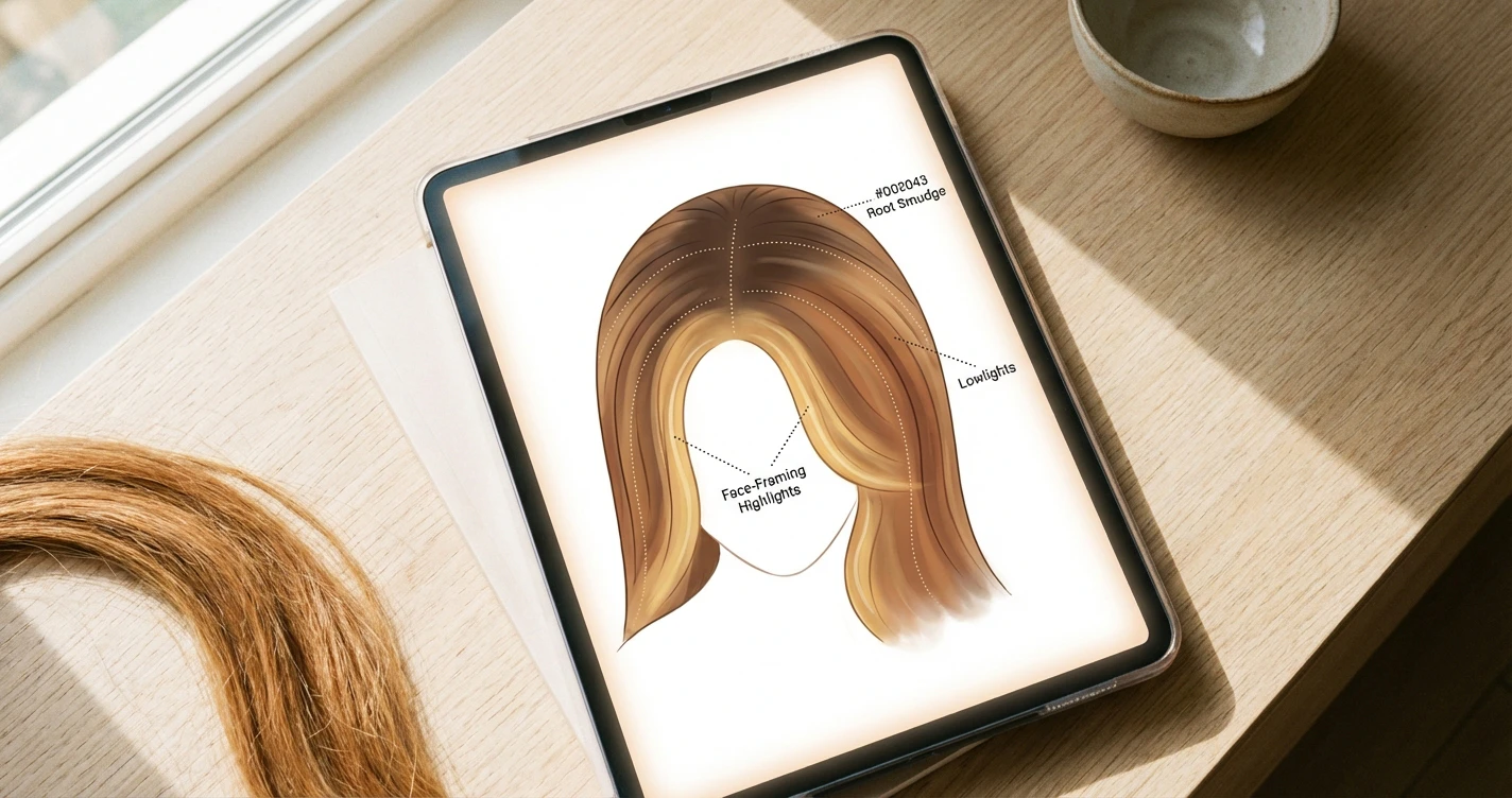 A digital color map diagram showing a top-down view of a scalp with color-coded sections for root smudging, lowlights, and face-framing highlights.
