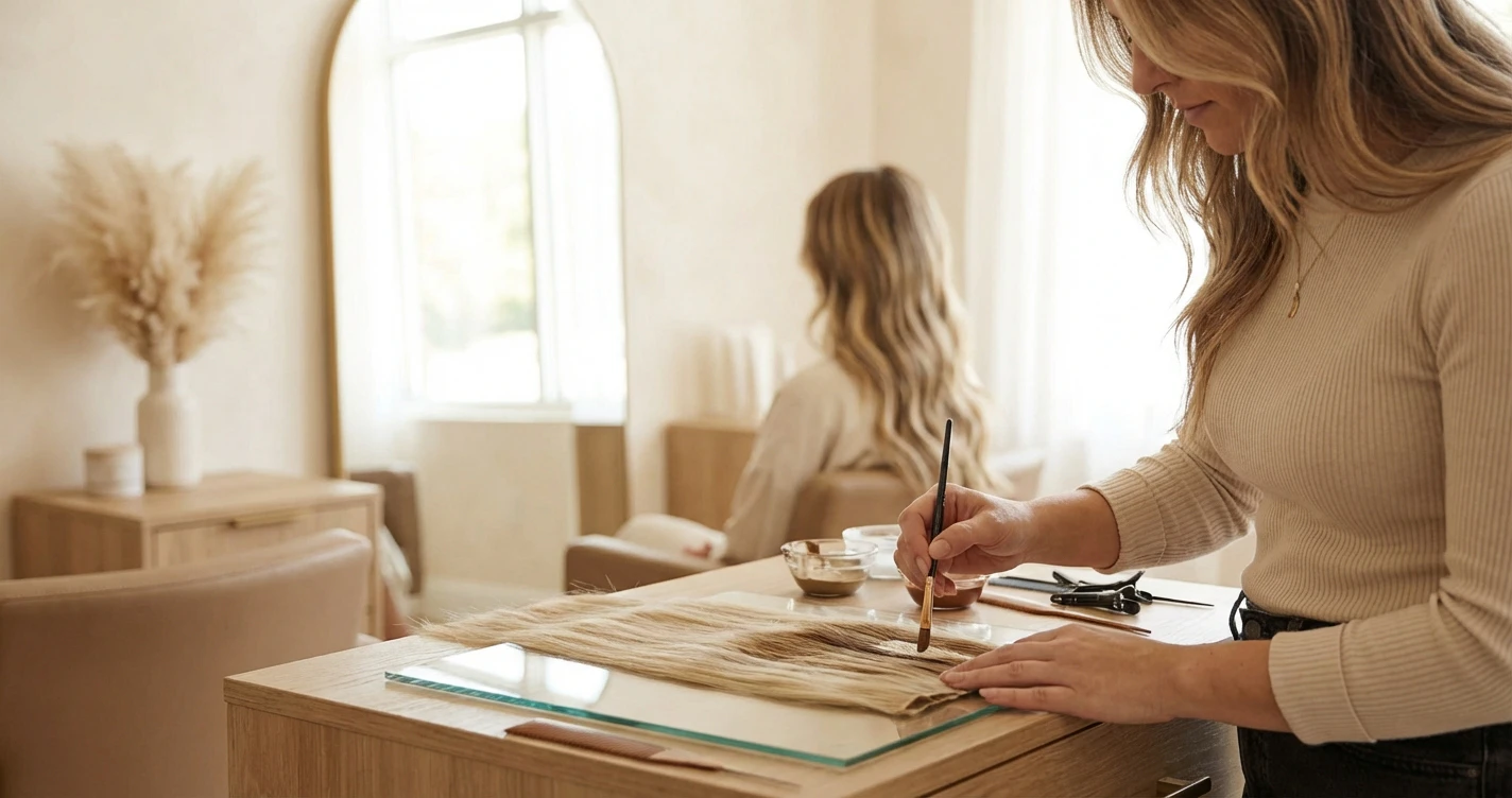 An upscale salon interior in MacGregor Village, Cary, showing a stylist meticulously hand-painting a hair extension weft on a glass palette to match a client's specific highlight pattern.