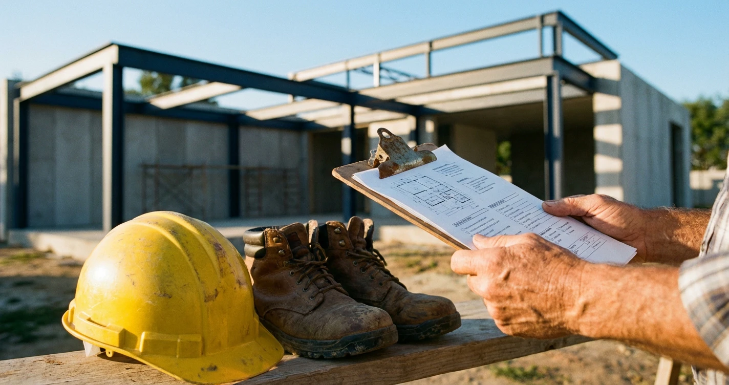 Detailed close-up of a homeowner reviewing a Site Safety Manifesto on a clipboard, with a construction helmet and safety boots in the foreground, set against a blurred background of a house extension frame.