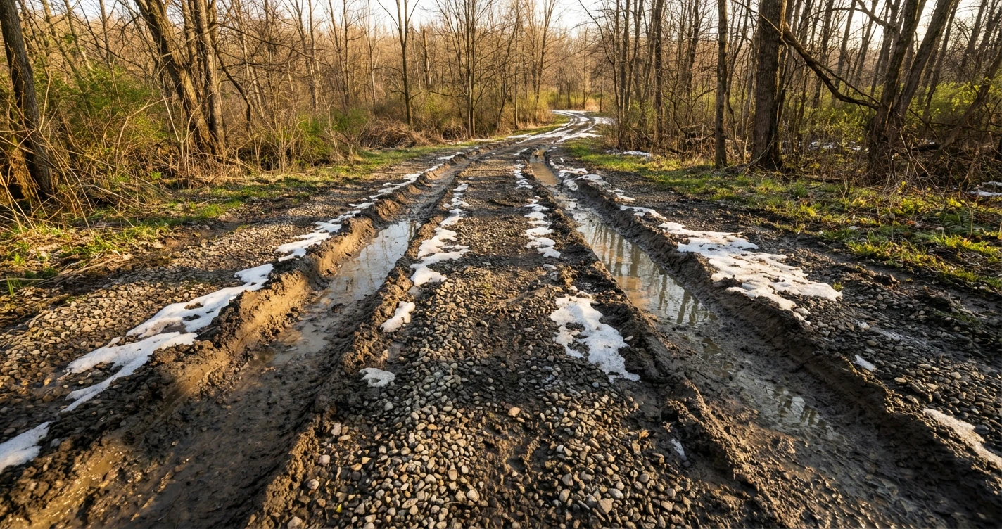 Close-up photo of a muddy, rutted gravel driveway in early spring with standing water in the tire tracks, surrounded by melting snow, emphasizing the 'soup' consistency of the surface.