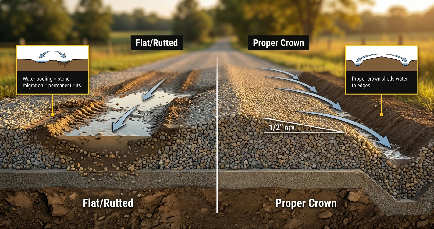 Technical diagram showing a cross-section of a driveway. Left side shows 'Flat/Rutted' with water pooling. Right side shows 'Proper Crown' with 1/2 inch per foot slope shedding water to ditches.