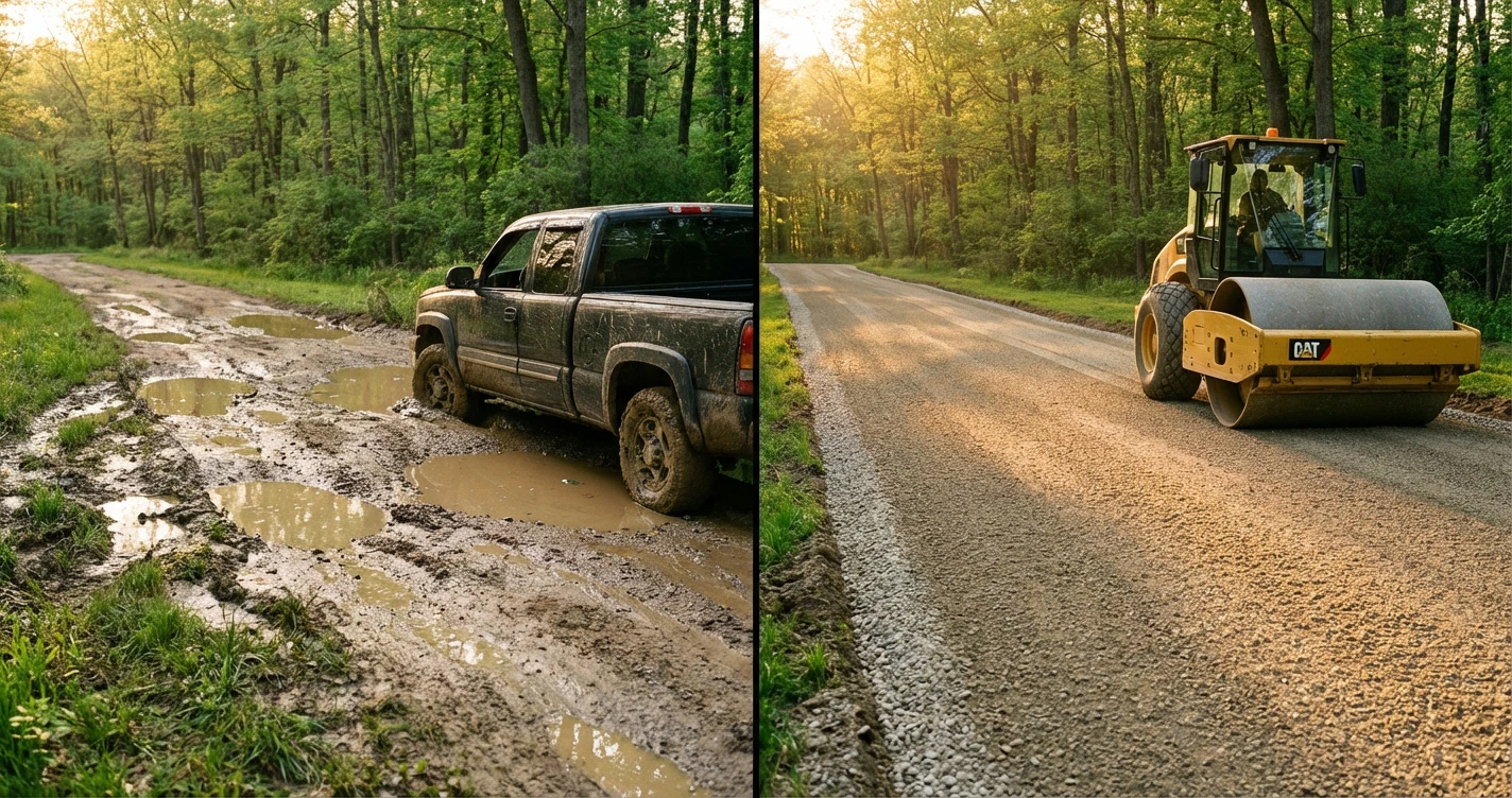 Before and after split photo. Left: Deep ruts and mud. Right: Smooth, crowned, hard-packed limestone surface with clean edges.