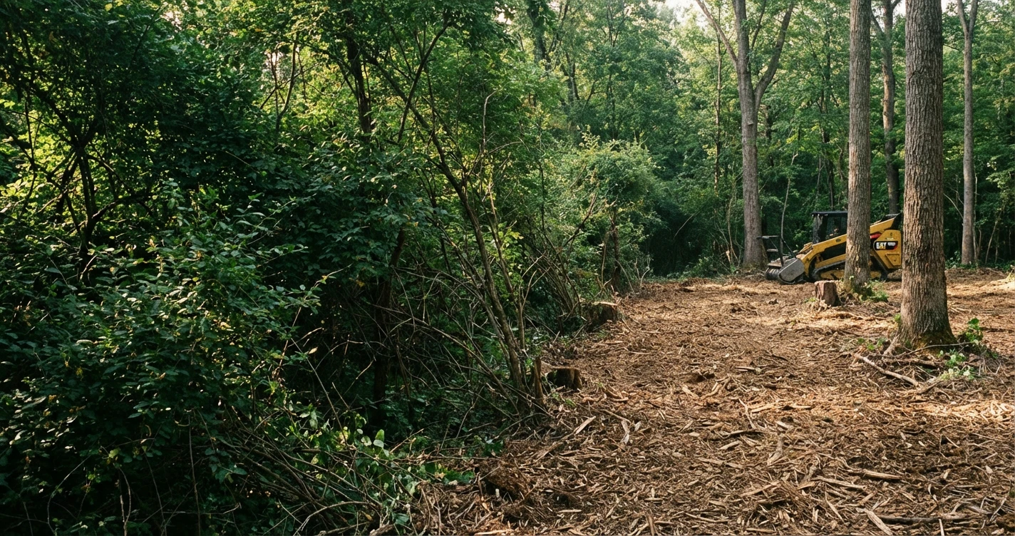 Wide shot of a Geauga County woodlot split down the middle; left side is a dense wall of honeysuckle, right side is open forest floor with shredded mulch, emphasizing the immediate transformation