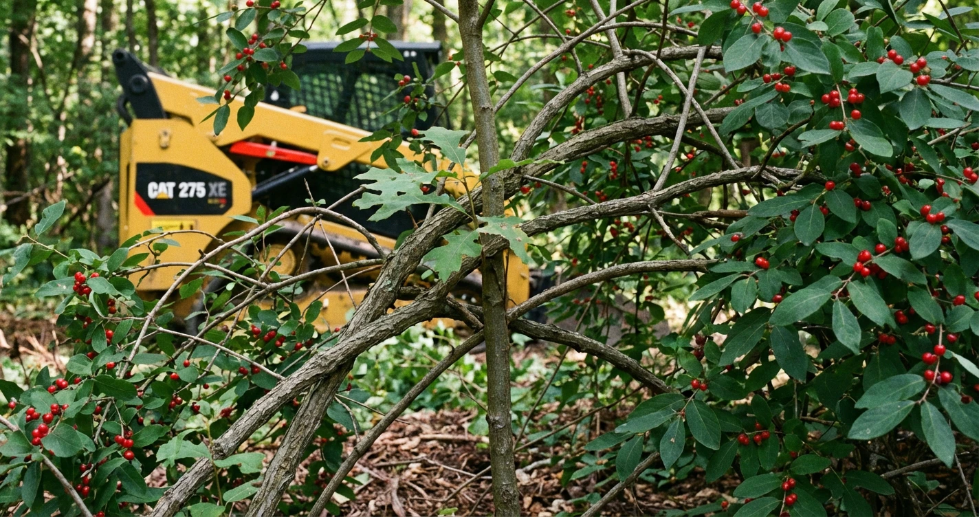 Close-up detail of honeysuckle berries and leaves choking a young oak sapling, illustrating the competitive disadvantage of native trees