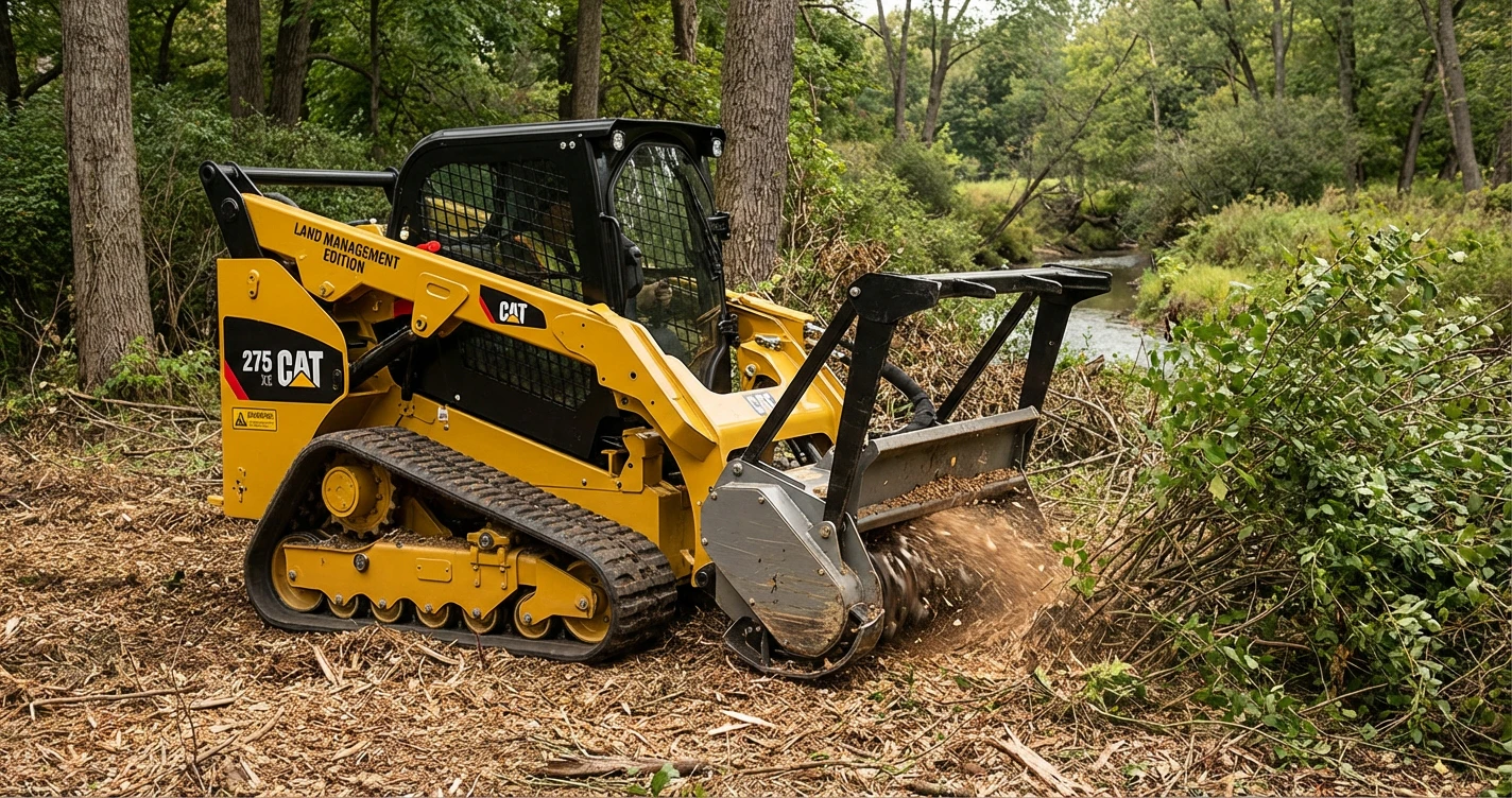A CAT 275 XE machine in action, its mulching head grinding a large honeysuckle bush into chips, set against a backdrop of a wooded Geauga County estate