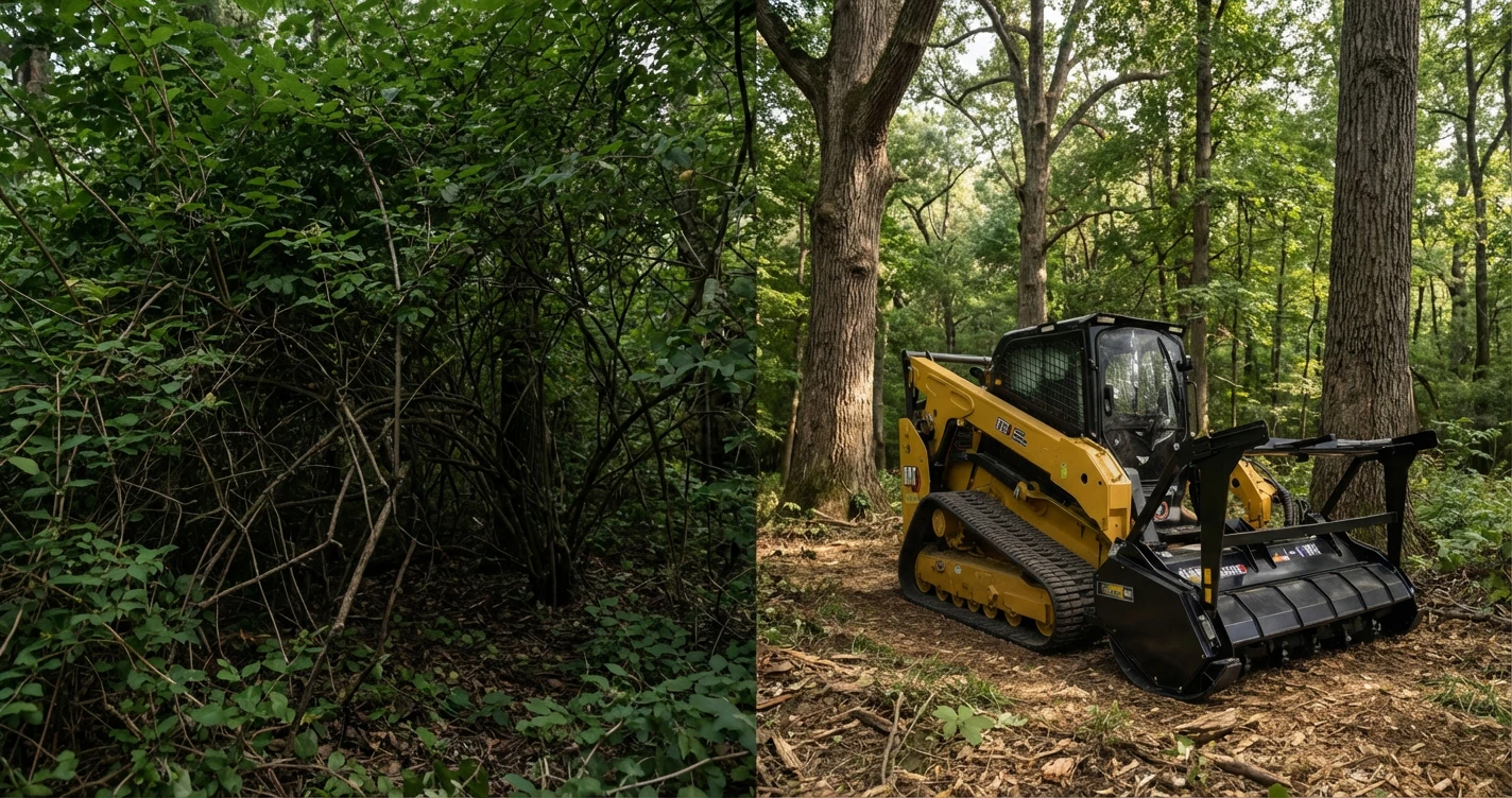 Split screen comparison: Left side shows a dark, impenetrable thicket; Right side shows the same angle after mulching, revealing a clean forest floor and large oak trees