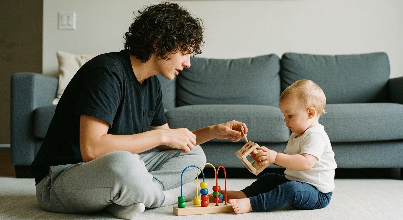 A candid, warmly lit photograph of a famous musician sitting on a living room floor, playing with wooden educational toys with their toddler, wearing comfortable sweatpants, emphasizing a grounded, private family moment over Hollywood glamour