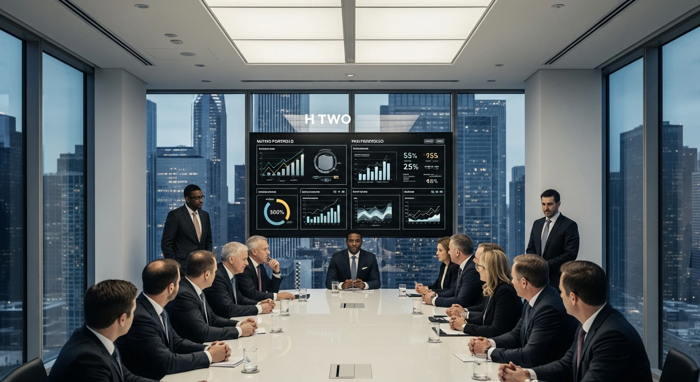 High-level executive board meeting in a glass-walled conference room overlooking the Chicago skyline, reviewing commercial real estate portfolio performance metrics on a large digital display.