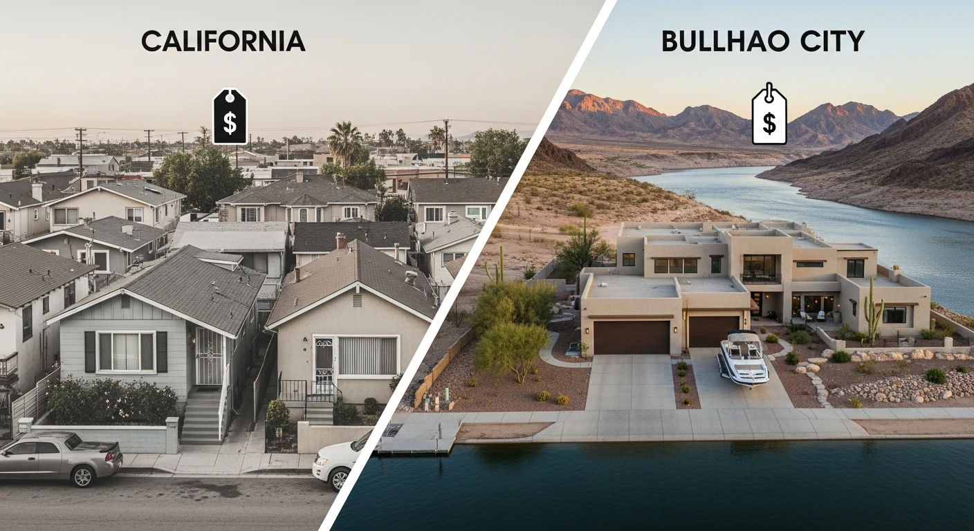 Split screen infographic showing a cramped California bungalow with a high price tag on the left and a spacious Bullhead City home with a boat garage on the right, labeled with 2026 average prices.