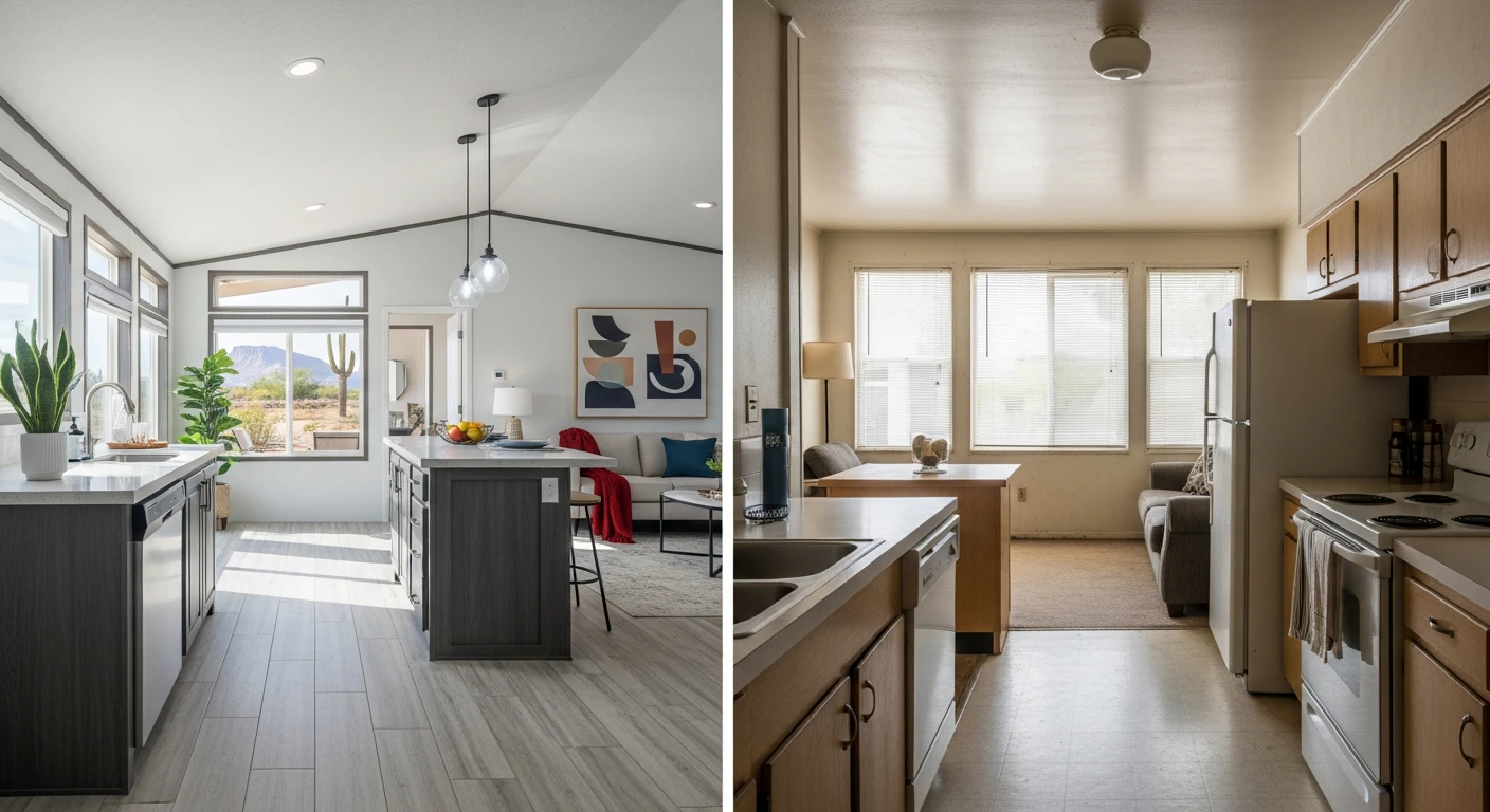 Side-by-side comparison of a modern manufactured home interior in Bullhead City versus a standard California apartment, highlighting the difference in finish quality and space.