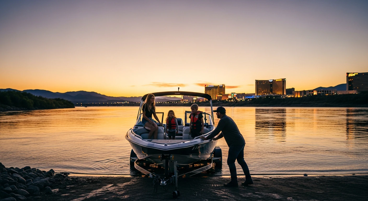 Family launching a boat on the Colorado River at sunset, with the casinos of Laughlin visible in the background, capturing the relaxed recreational lifestyle.