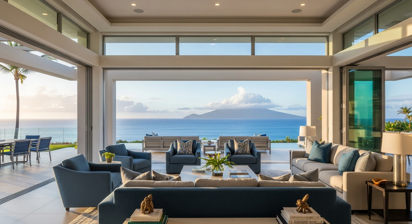 Modern luxury living room in a Wailea estate with floor-to-ceiling glass doors completely open to a panoramic ocean view, elegant contemporary furniture, and a seamless indoor-outdoor lanai space
