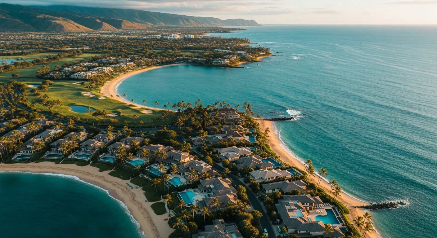 Aerial view of the Wailea coastline featuring pristine crescent beaches, luxury oceanfront estates with private pools, lush green golf courses, and the deep blue Pacific Ocean at sunset