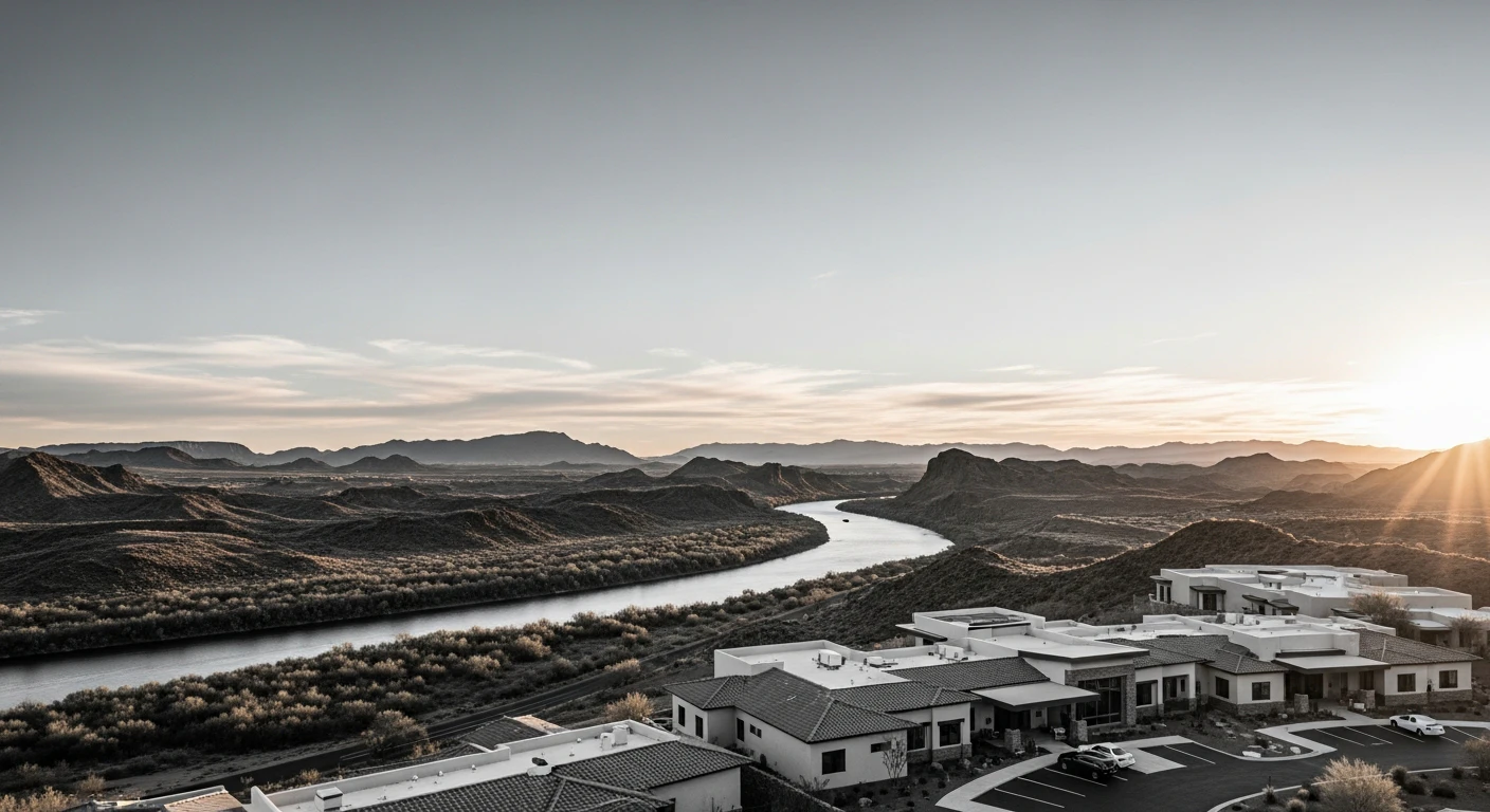 Panoramic view of the Colorado River winding through Mohave County desert landscape at sunset, with distant mountains and a modern retirement home in the foreground, golden hour lighting.