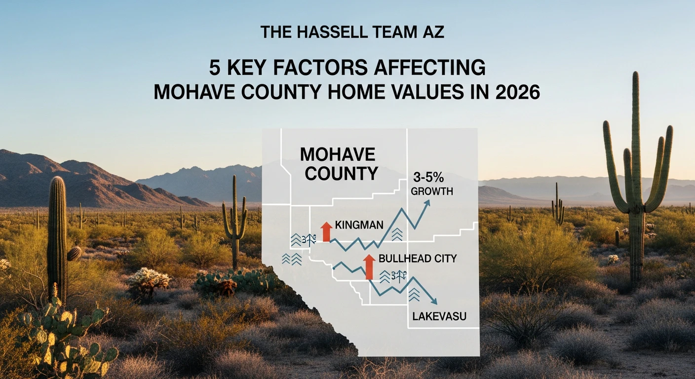 Infographic style map of Mohave County highlighting Kingman, Bullhead City, and Lake Havasu with upward trending arrows indicating 3-5% growth, set against a desert landscape background.