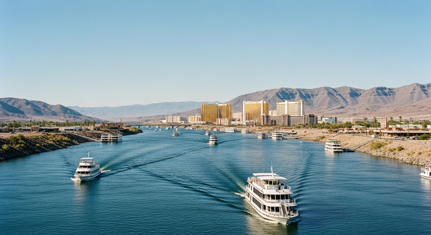 Panoramic view of the Colorado River separating Bullhead City and Laughlin, casinos in background, boats on water, symbolizing the economic connection.