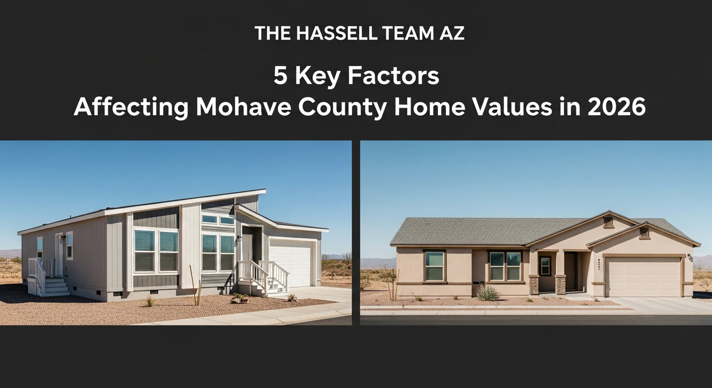 Side-by-side comparison of a modern manufactured home and a stick-built home in a desert setting, emphasizing similar curb appeal.