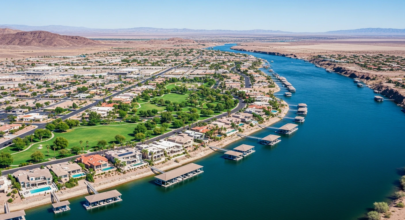 Wide-angle aerial view of the Colorado River winding through Bullhead City, showing lush green riverfront parks contrasted against the deep blue water and the desert landscape, with luxury homes and private docks visible along the shoreline.