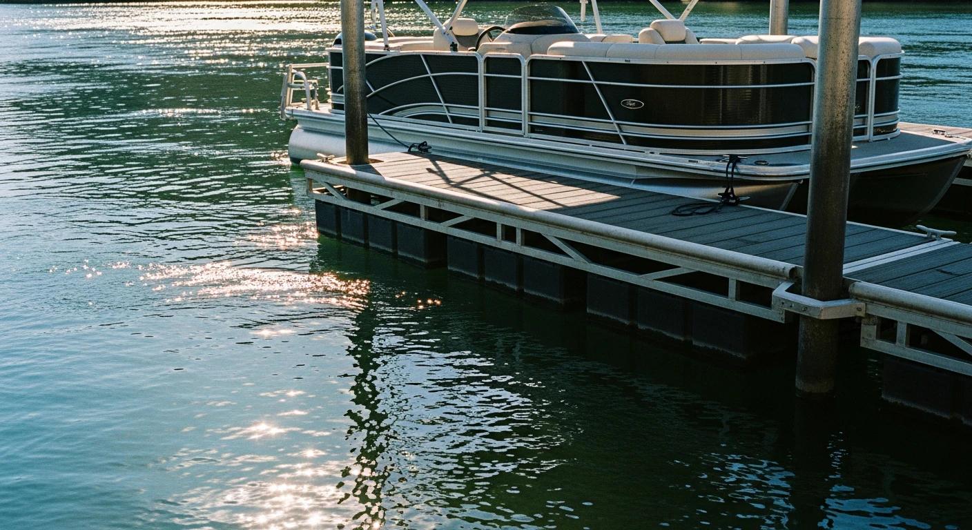 A close-up view of a modern private boat dock in River Canyon, featuring a sleek pontoon boat moored to a sturdy wood-and-metal pier, with the clear blue water of the Colorado River reflecting the bright Arizona sun.