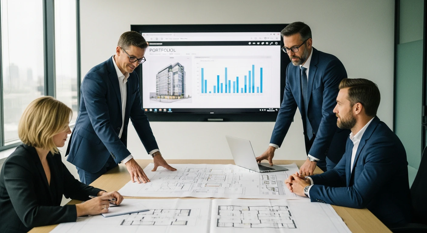 Modern commercial real estate boardroom with executives reviewing architectural blueprints and portfolio analytics on a large digital display, natural lighting, professional corporate atmosphere