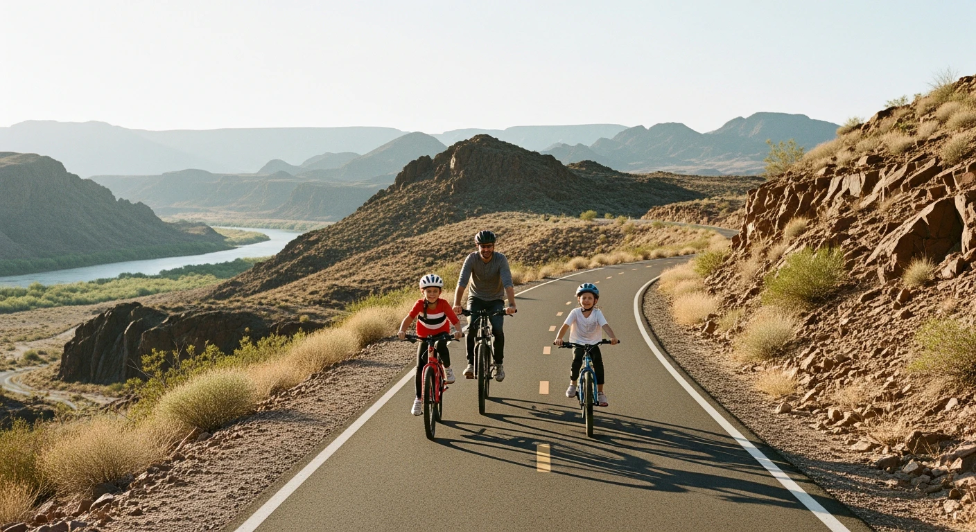 Family cycling together on a paved trail with desert mountains in the background and the Colorado River visible in the distance, golden hour lighting, vibrant and active atmosphere