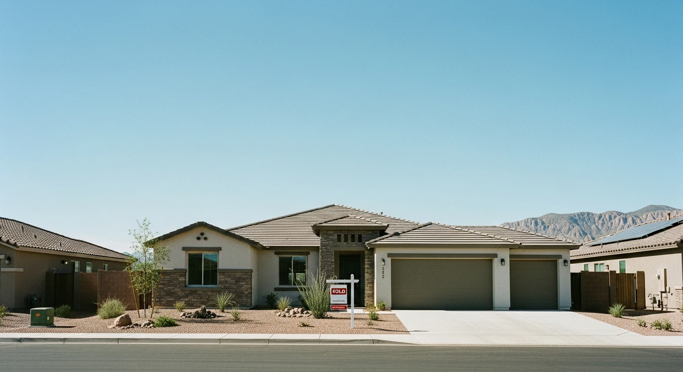 Modern single-story family home with desert landscaping, a two-car garage, and a 