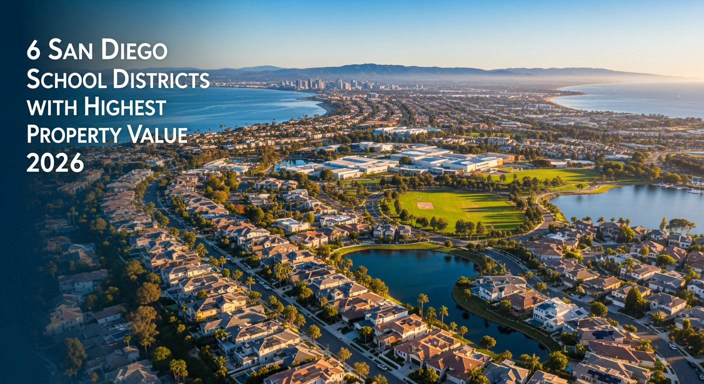 Aerial view of a luxury San Diego neighborhood in Carmel Valley, showing large single-family homes with solar panels, community parks, and a modern high school campus in the distance under a sunny blue sky