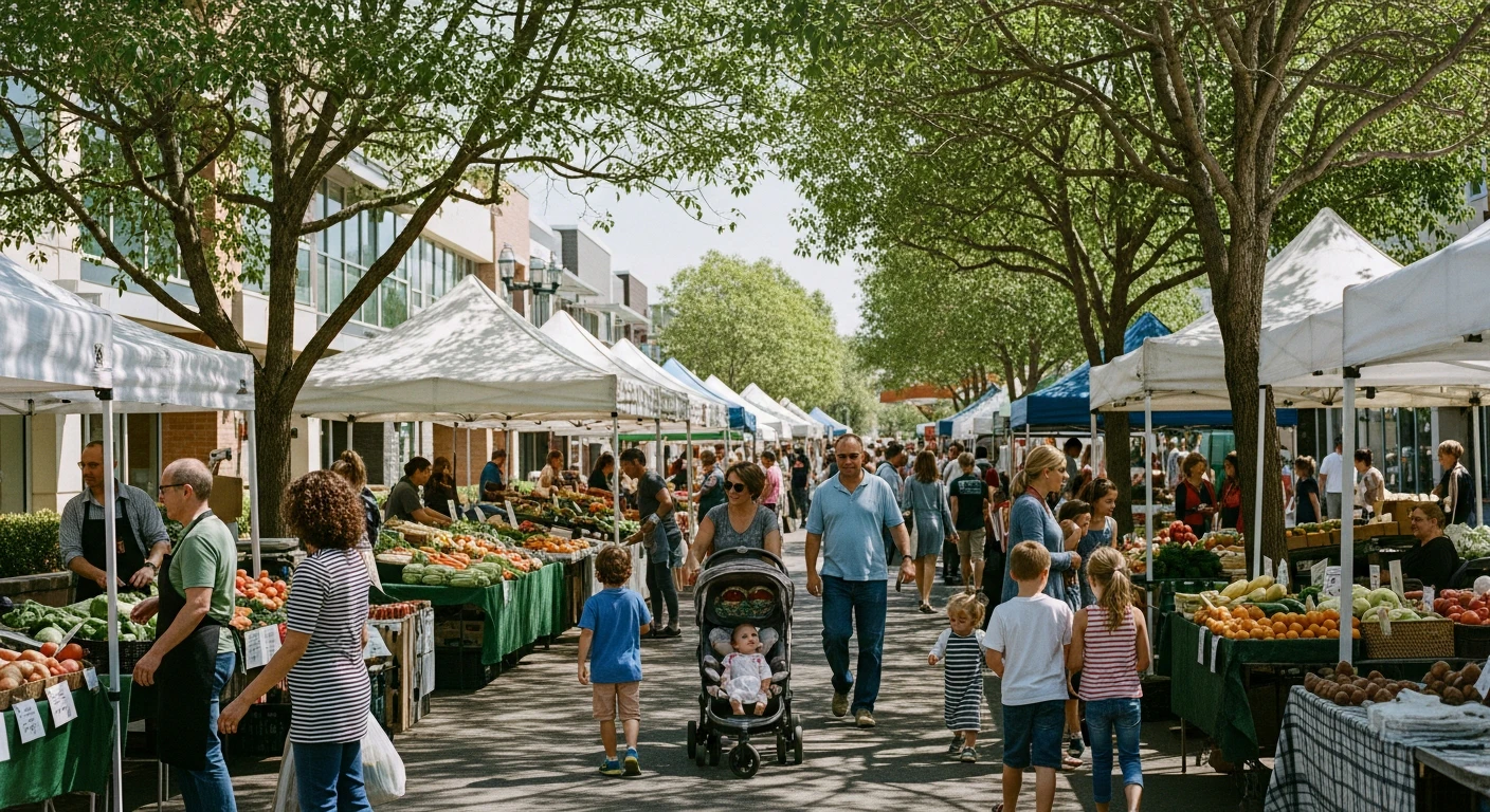 Families enjoying a sunny weekend at a vibrant outdoor farmer's market in downtown Pleasant Hill, featuring fresh produce stalls, mature shade trees, and a modern suburban architectural backdrop