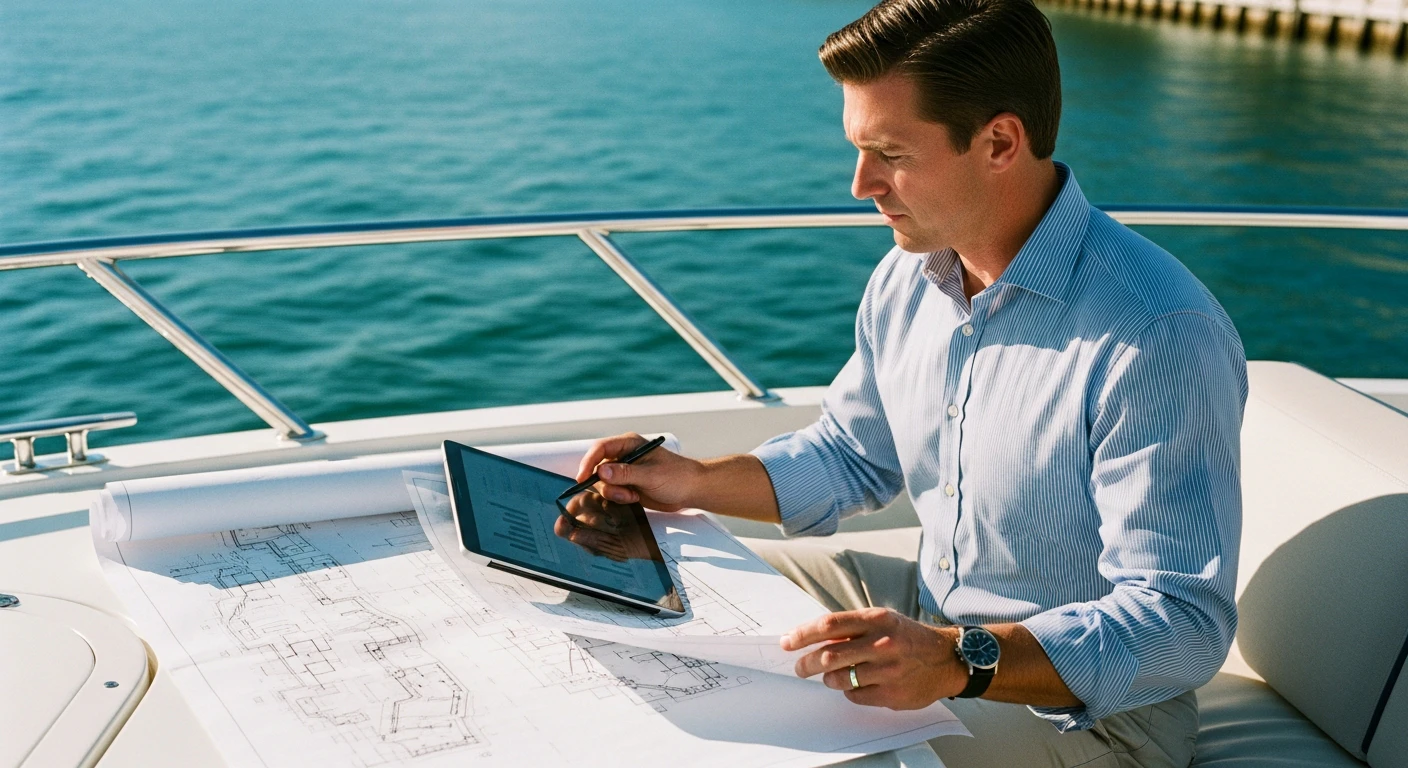 Professional real estate advisor Gregory C. Frank reviewing waterfront property blueprints and iPad analytics on a luxury yacht deck, clear blue South Florida intracoastal waters in the background, bright morning lighting