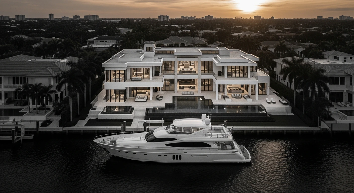 Aerial view of a luxury Boca Raton waterfront estate featuring a modern multi-level home, a large white yacht docked at a private deep-water seawall, infinity pool overlooking the intracoastal, sunset lighting