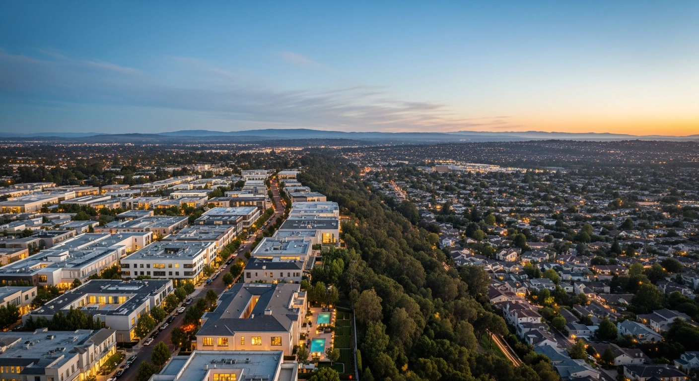 Aerial view of the East Bay landscape showing the distinct border between the dense, tree-lined luxury retail district of Walnut Creek and the sprawling, suburban foothills of Concord under a clear blue California sky