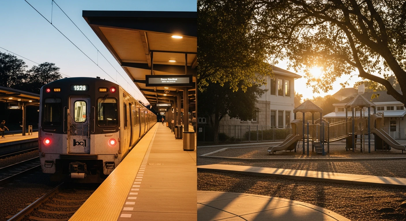 A split-screen visual showing a sleek, modern BART train pulling into the bustling Walnut Creek station on the left, and a quiet, sun-dappled elementary school playground in Concord on the right