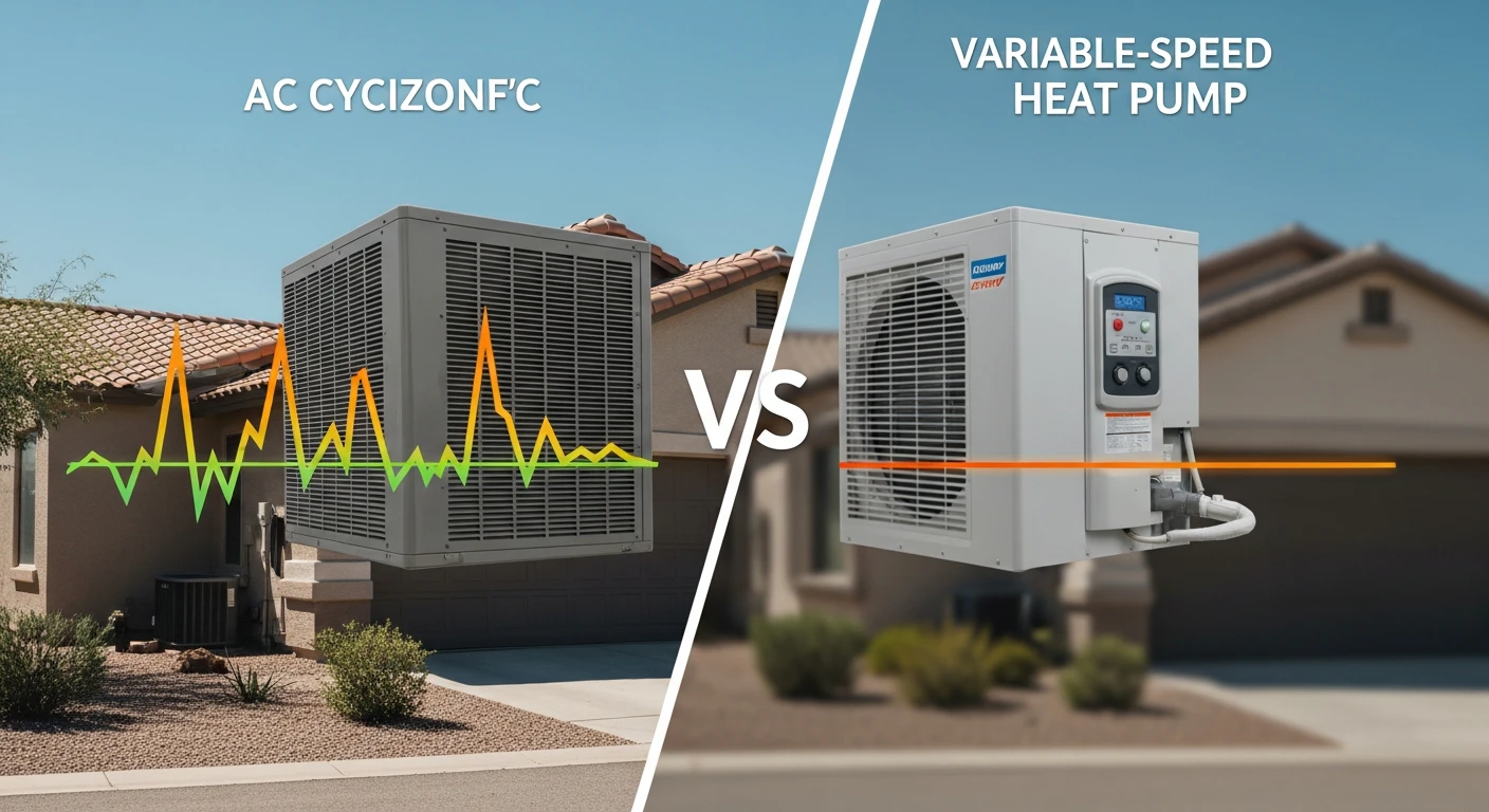 Split-screen comparison graphic showing a traditional AC unit cycling on/off with temperature spikes versus a variable-speed heat pump maintaining a flat, consistent temperature line.