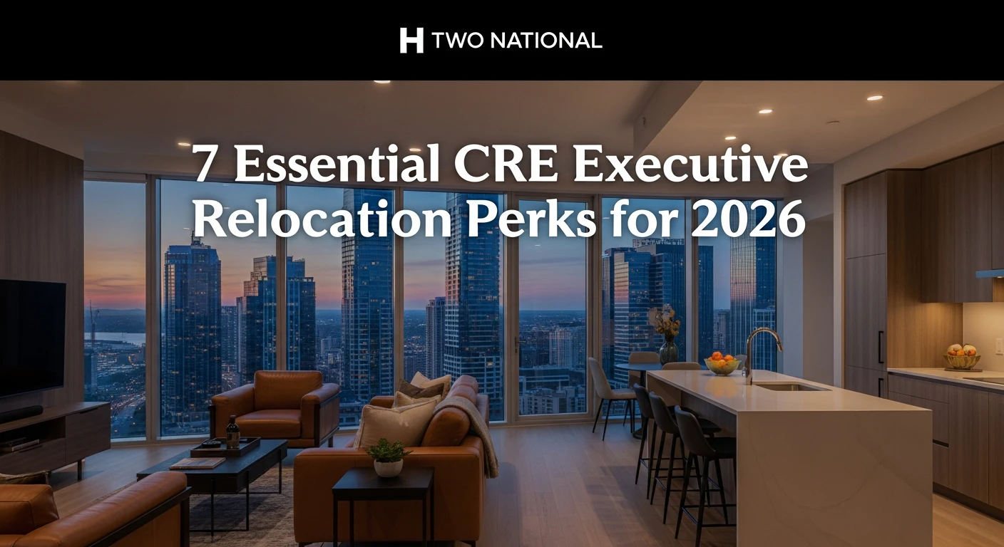 Modern luxury high-rise apartment living room with floor-to-ceiling windows overlooking a city skyline at dusk, premium leather furniture, sleek kitchen island, corporate executive lifestyle aesthetic