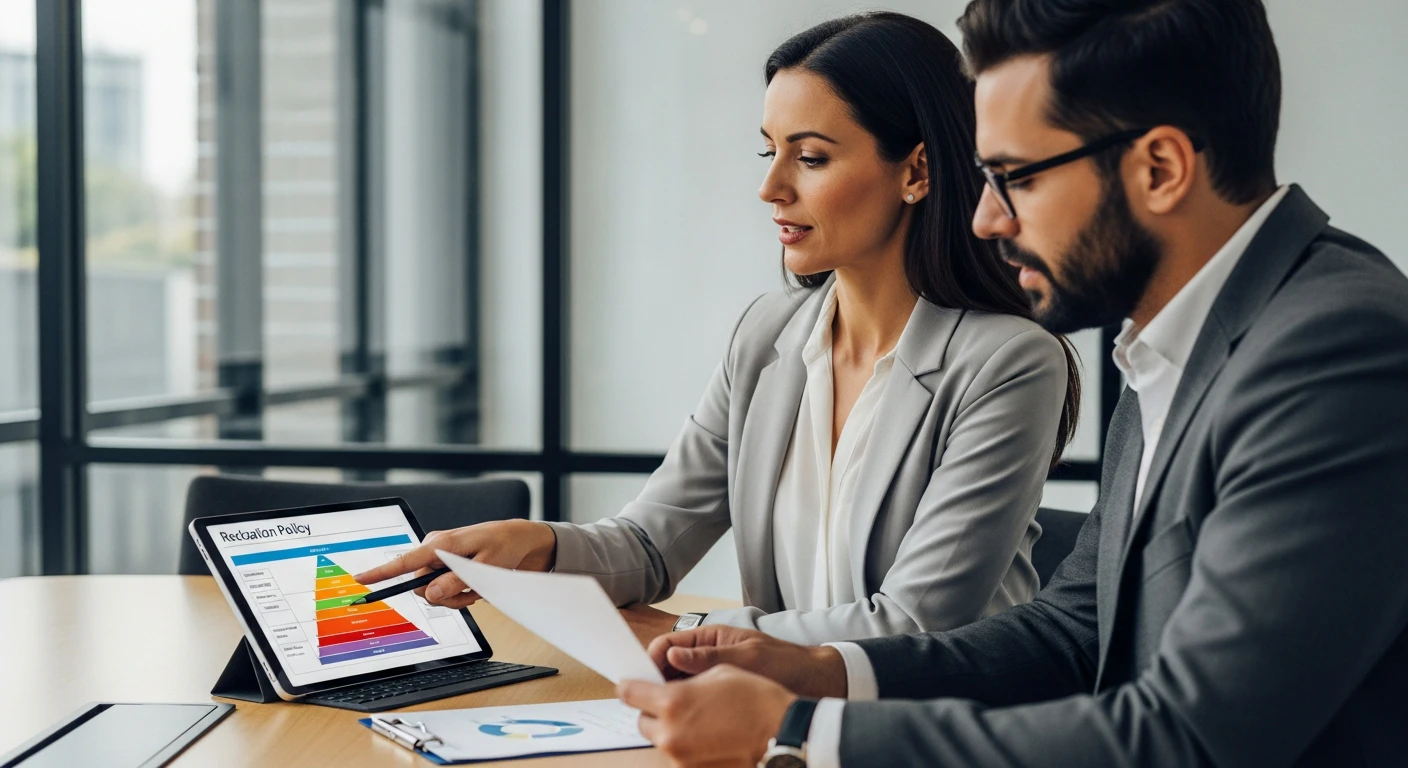 Professional HR executive and CRE candidate reviewing relocation policy documents in a modern glass-walled conference room, pointing at a tablet displaying a tiered benefits matrix, collaborative and strategic atmosphere