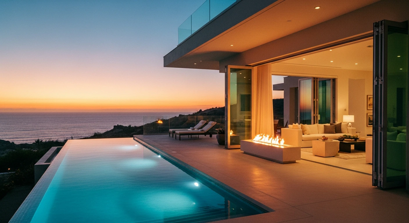 Wide-angle view of a modern luxury villa in Los Cabos at sunset, featuring an illuminated infinity pool seamlessly blending with the Sea of Cortez, sleek outdoor fire pit, and vanishing glass walls opening to a high-end designer living room