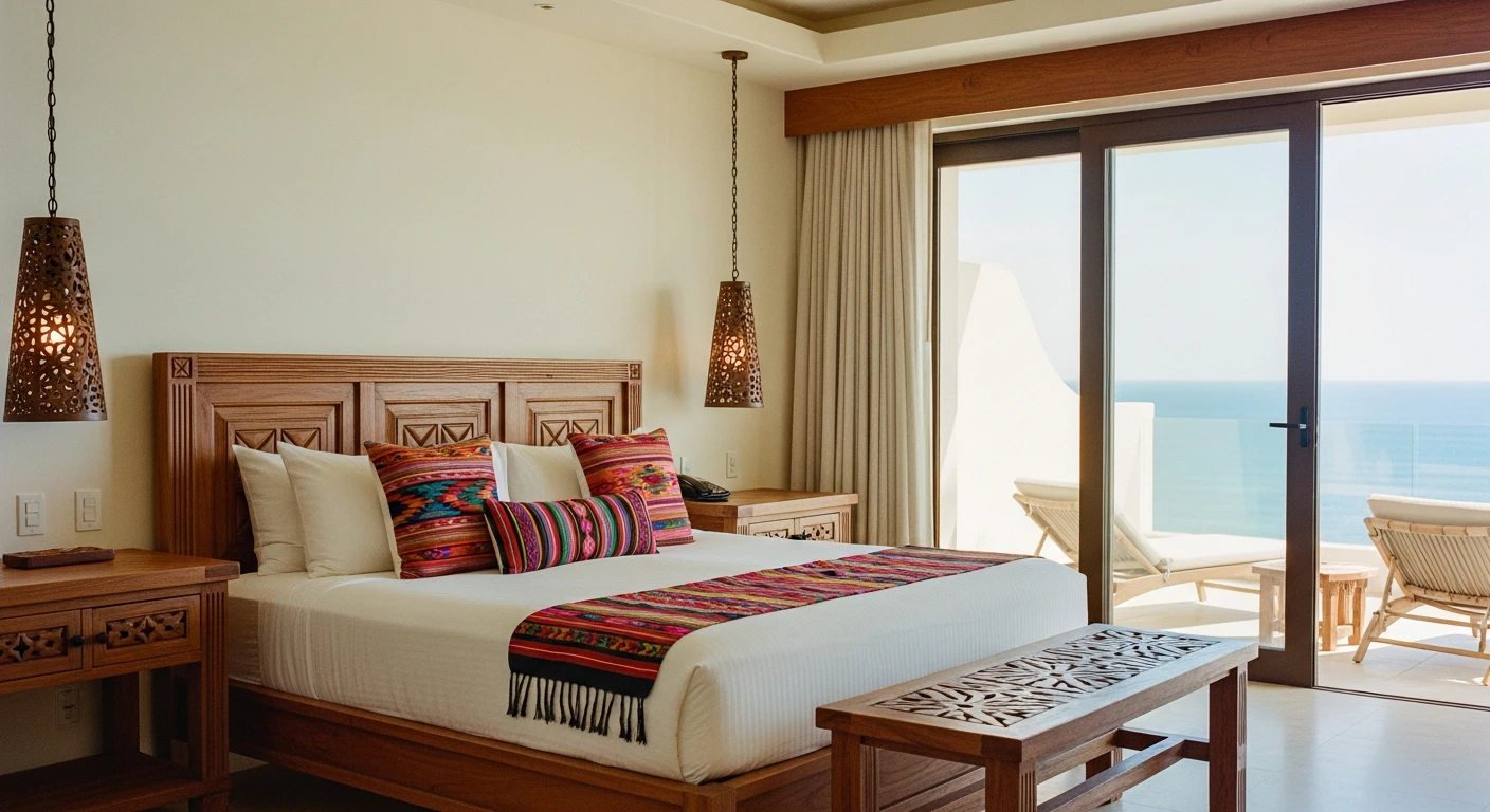 Interior view of a Cabo luxury villa bedroom, featuring bespoke artisan wooden furniture, premium white linens, authentic Mexican textiles, and sliding glass doors opening to a private [ogroupcabo.com/property-feature/ocean-view