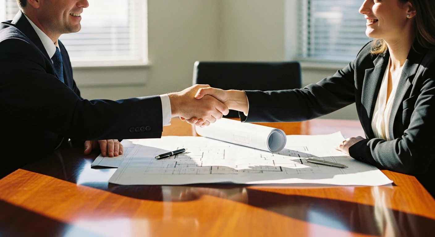 Two commercial real estate executives shaking hands across a polished conference table, architectural blueprints visible, warm lighting conveying trust and successful negotiation