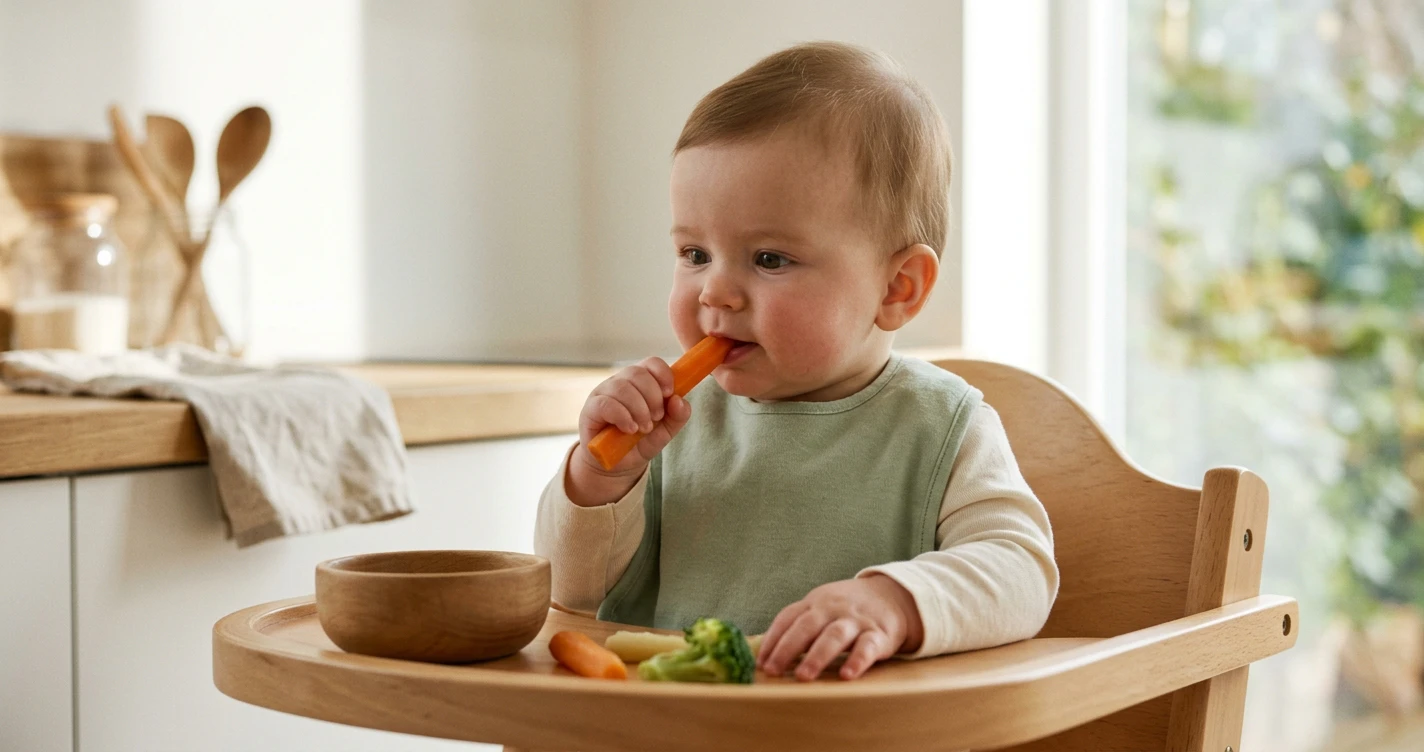 Niemowlę w wieku 6 miesięcy siedzące stabilnie w krzesełku do karmienia, sięgające rączką po miękki słupek ugotowanej marchewki, jasna kuchnia, naturalne światło dzienne