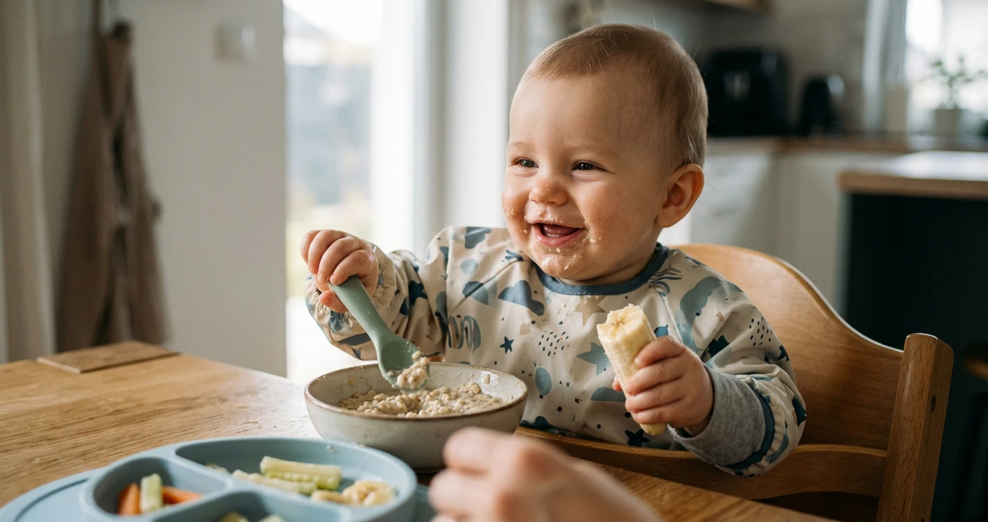 Niemowlę w śliniaku z rękawami, trzymające w jednej rączce silikonową łyżeczkę zanurzoną w owsiance, a w drugiej kawałek miękkiego banana, uśmiechnięte, z widocznymi śladami jedzenia na buzi