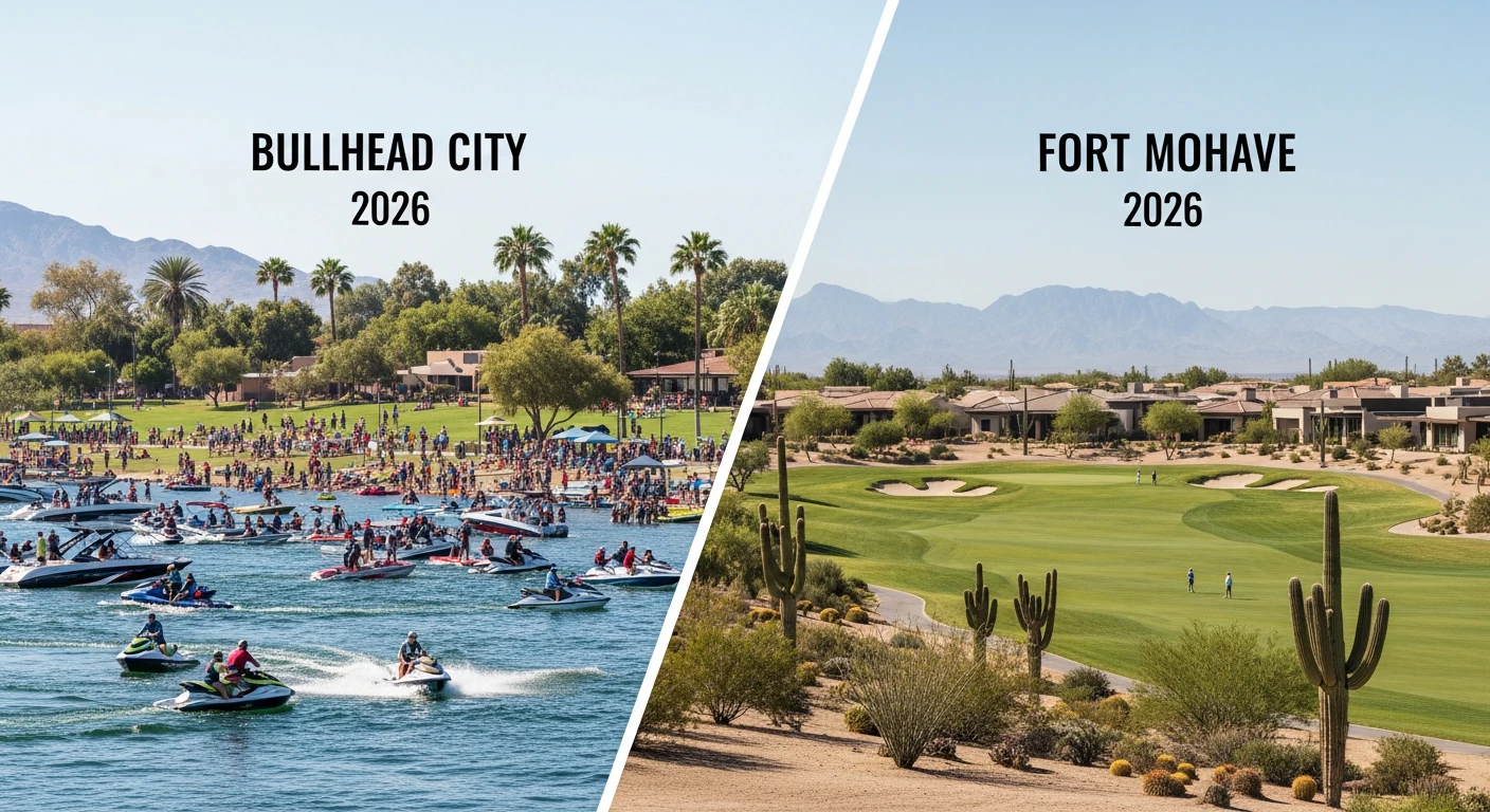 Split screen comparison showing a busy Bullhead City riverfront park on the left and a serene Fort Mohave golf course community with desert landscaping on the right, bright 2026 daylight.