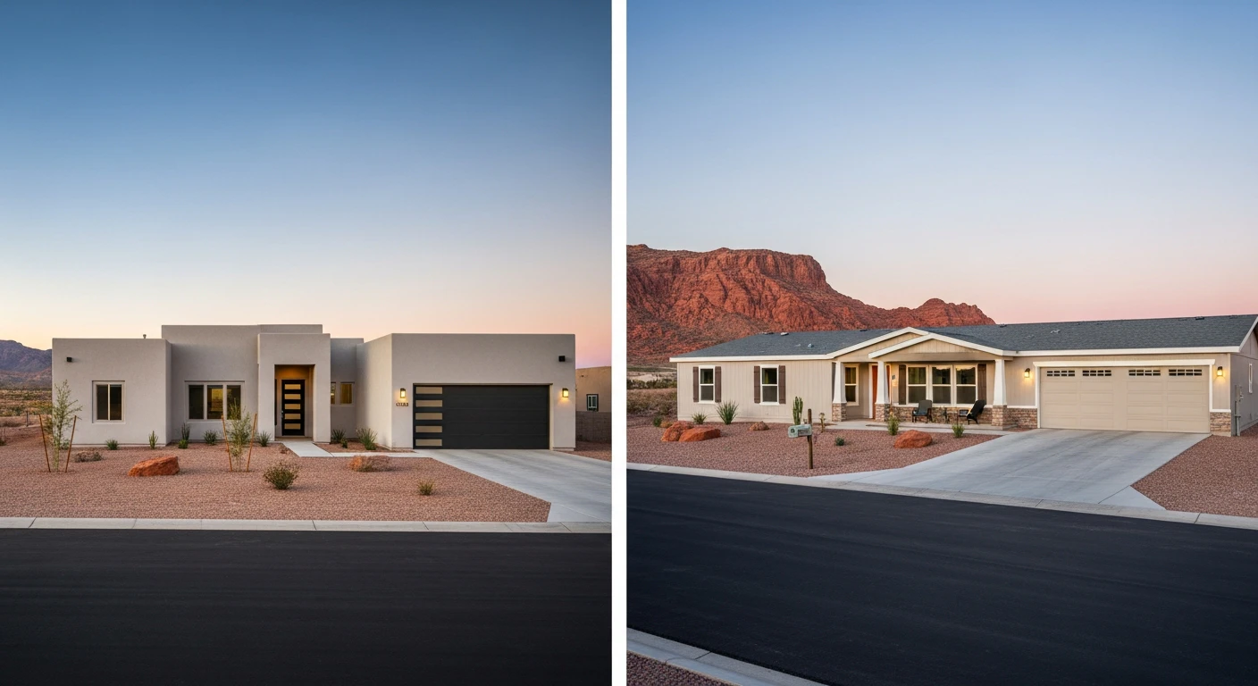 Comparative view of a modern stucco stick-built home in Bullhead City versus a high-end double-wide manufactured home in Fort Mohave with a sprawling garage, showing similar curb appeal.