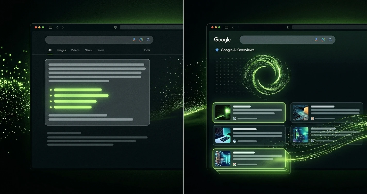 Comparativa visual entre un resultado de Featured Snippet tradicional mostrando un bloque de texto estático y una interfaz de Google AI Overviews generando respuestas dinámicas con múltiples tarjetas de citación en la parte superior, diseño limpio y tecnológico