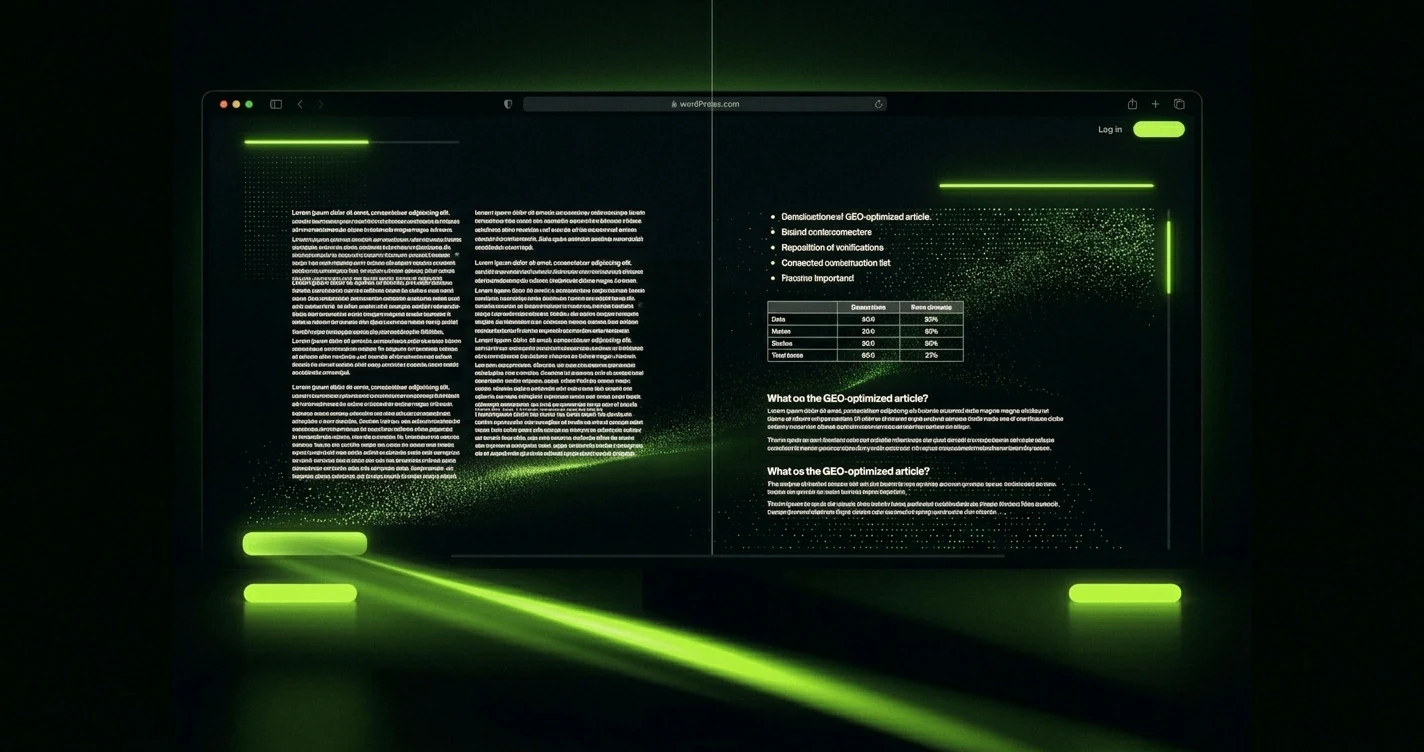 Pantalla dividida mostrando a la izquierda un artículo tradicional con grandes bloques de texto y a la derecha un artículo GEO-optimizado con viñetas, tablas de datos, párrafos cortos y subtítulos en forma de pregunta, destacando la facilidad de lectura para la IA