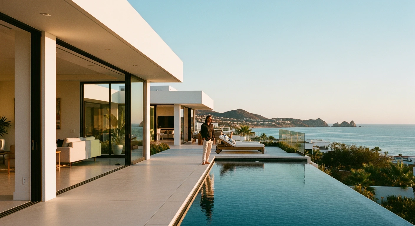 Wide shot of a luxury modern villa in Cabo San Lucas overlooking the Sea of Cortez at sunset, featuring an infinity pool, clean architectural lines, and warm interior lighting bleeding onto the patio