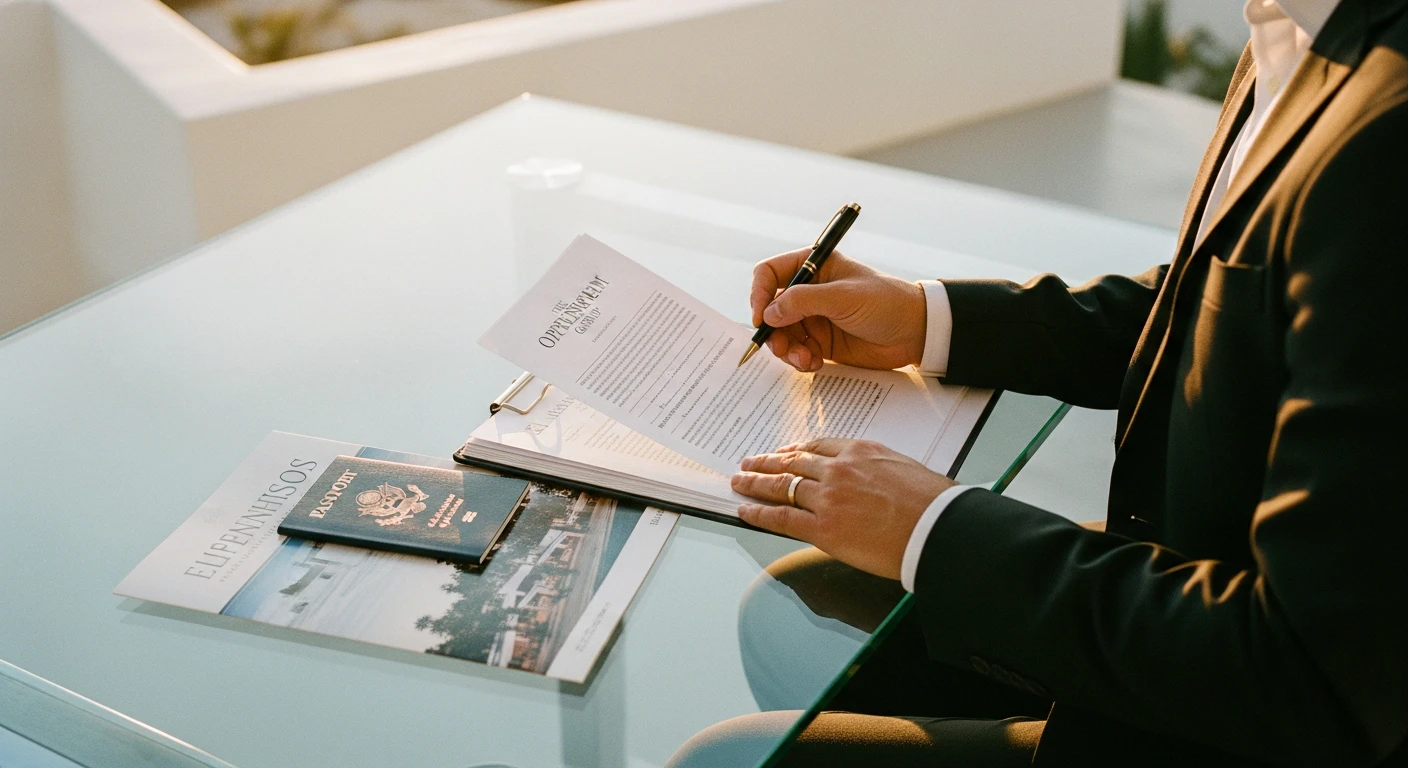 Close-up of a sophisticated professional reviewing legal documents on a modern glass desk, a pen in hand, with a US passport and Mexican real estate brochures visible, conveying security and cross-border expertise