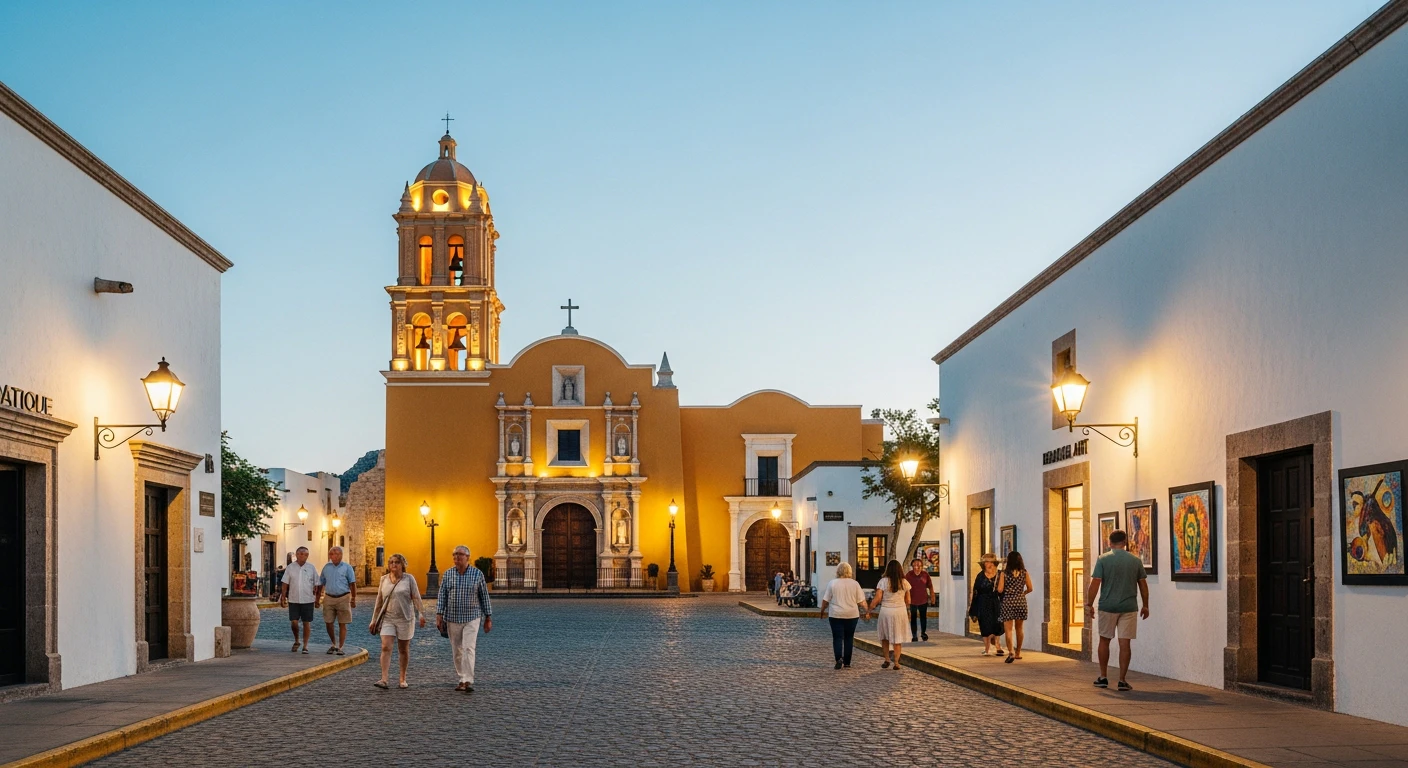 Wide shot of the San Jose del Cabo historic town square at twilight, featuring the iconic yellow mission church, cobblestone streets illuminated by warm lantern light, and well-dressed tourists strolling past boutique art galleries.