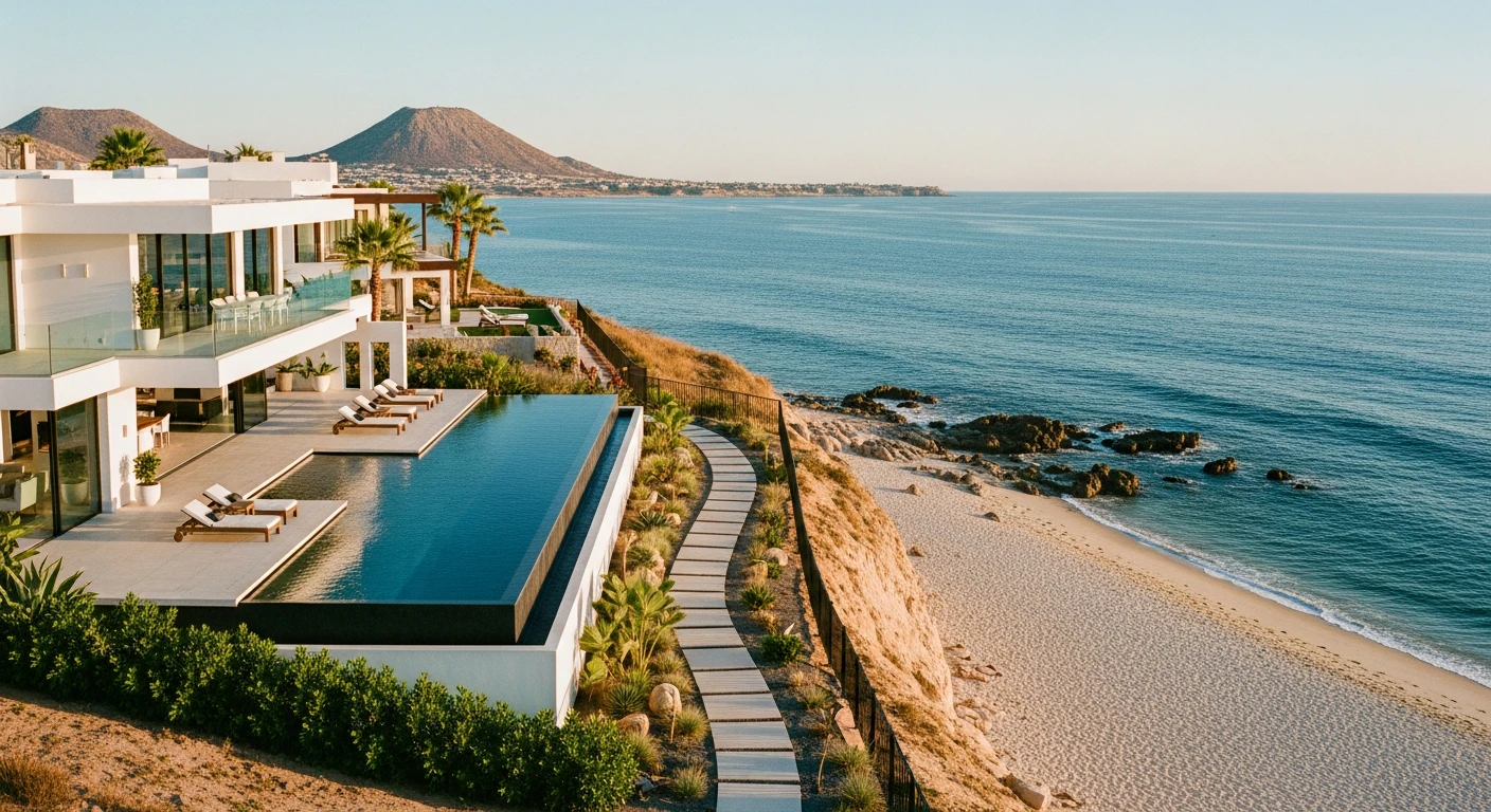 Aerial view of a modern luxury villa on the Tourist Corridor, featuring an infinity pool blending into the Sea of Cortez, sleek minimalist architecture, and a private pathway leading down to a secluded white sand cove.