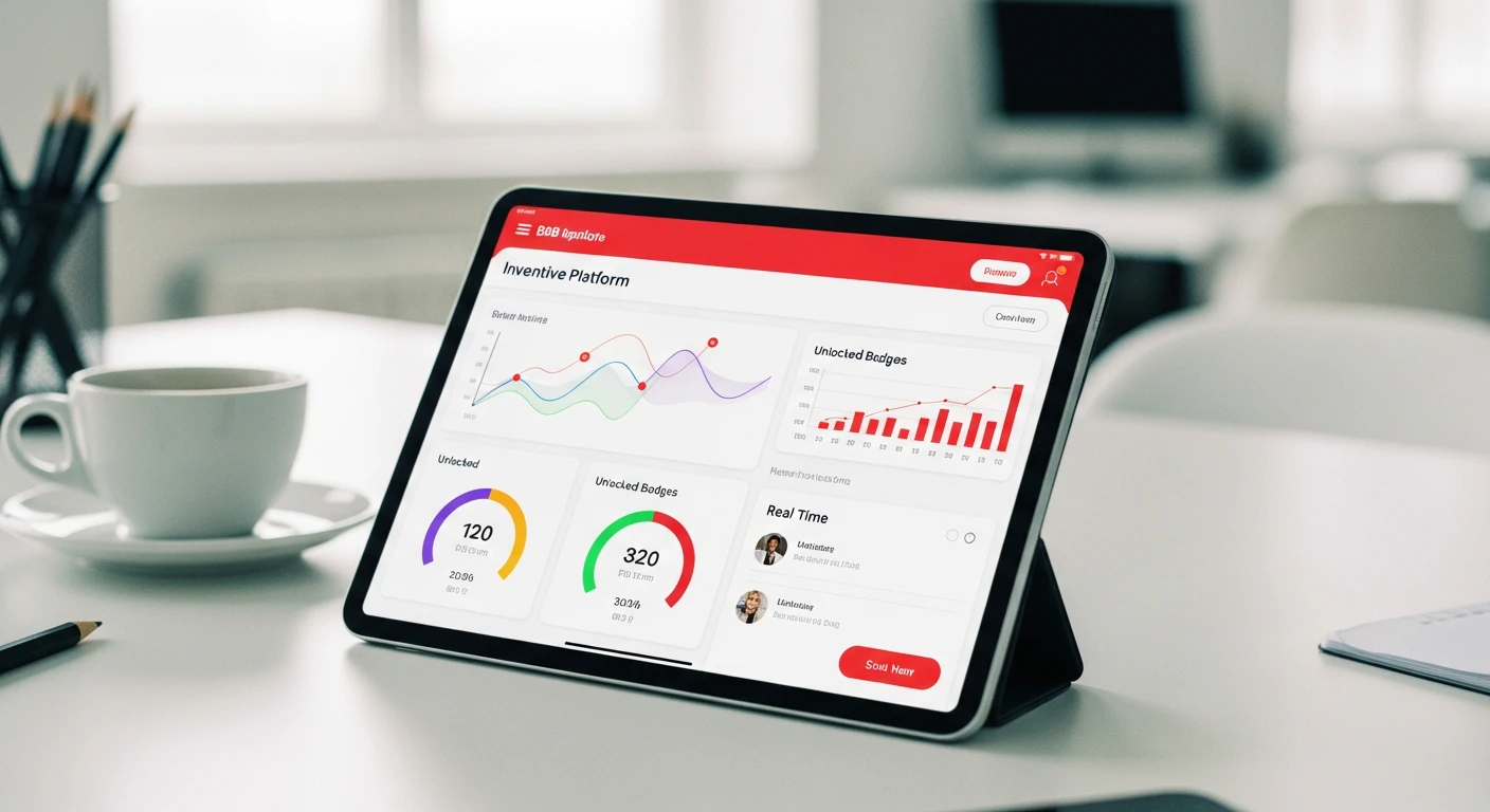 Interface d'une plateforme d'incentive sur tablette montrant un tableau de bord dynamique avec des jauges de progression colorées, des badges débloqués et un classement en temps réel, environnement de bureau moderne avec une tasse de café