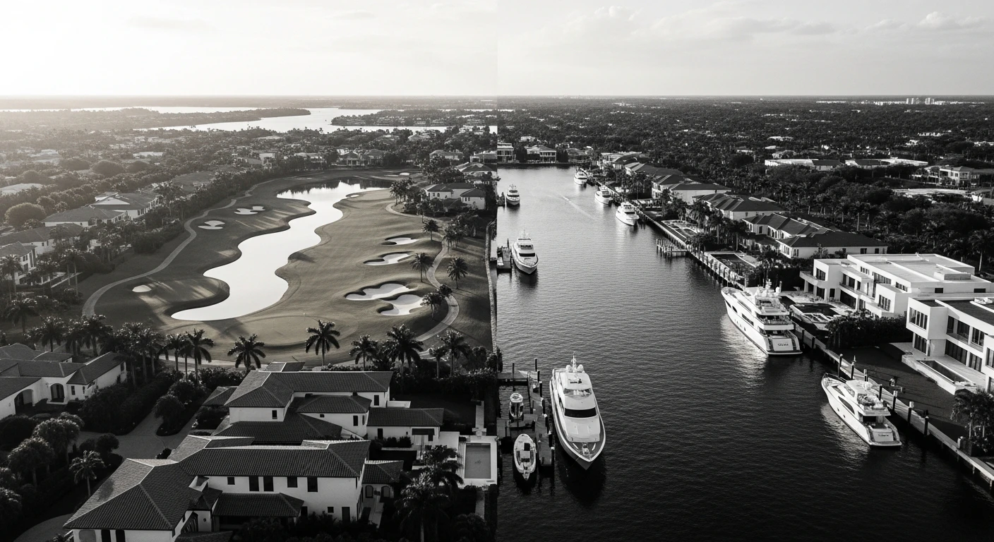 Aerial split-view of a pristine emerald golf course with luxury homes on one side, and a deep-water canal with private yachts docked behind modern estates on the other, bathed in golden hour South Florida sunlight